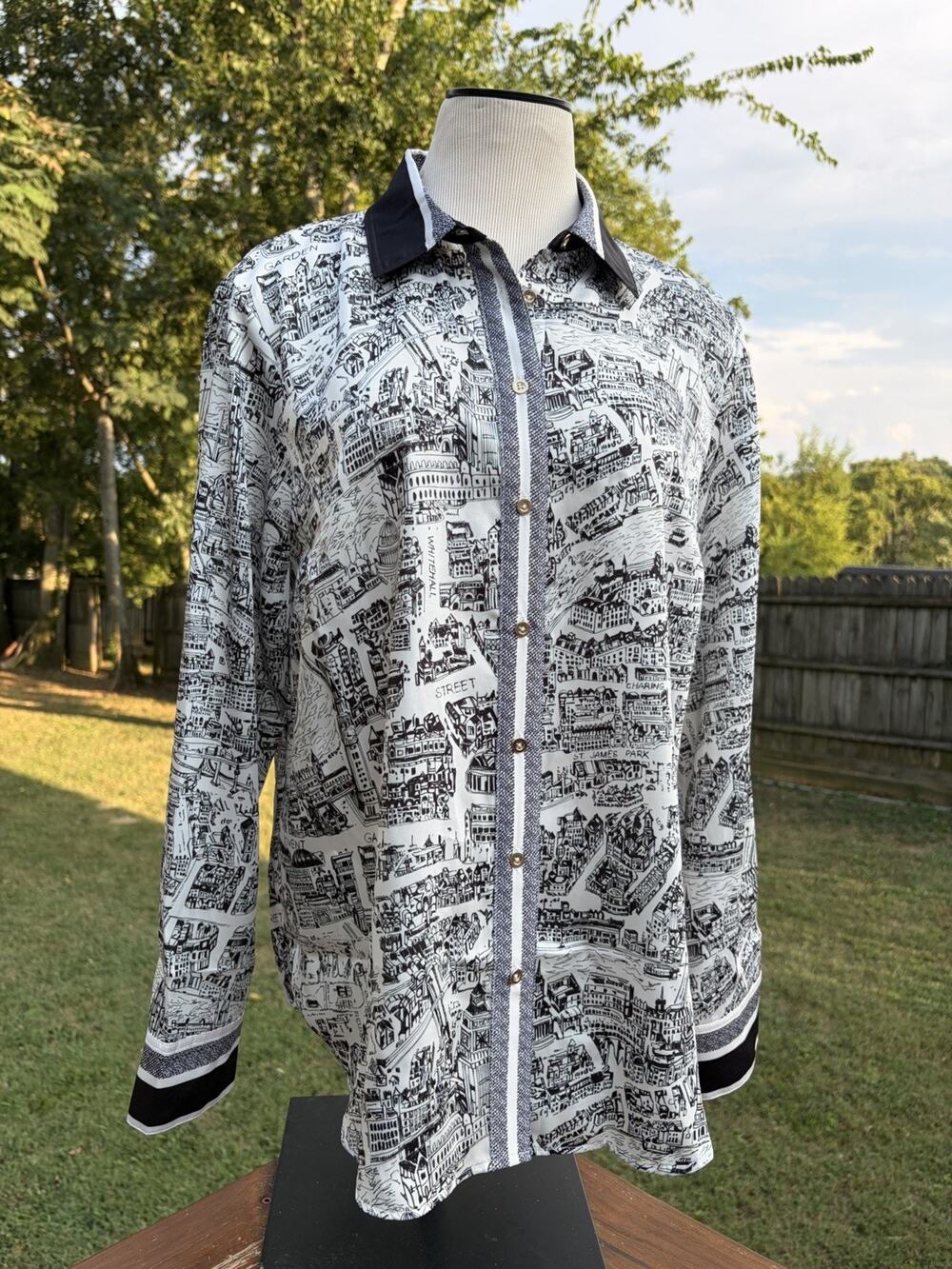Talbots Size Medium Shirt Black White London Street Map England Silky Satin